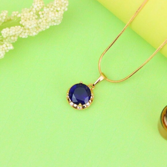 "Royal Blue Round Pendant with Sparkling Accents in Gold Finish, XPPT1647 - Picture 2 of 13